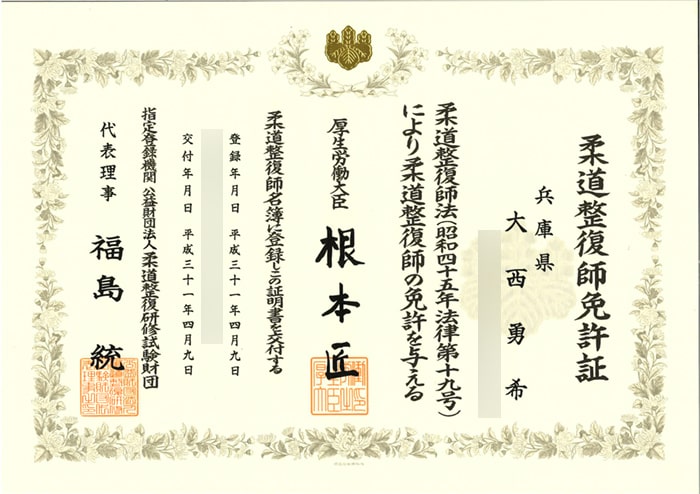 柔道整復師免許証